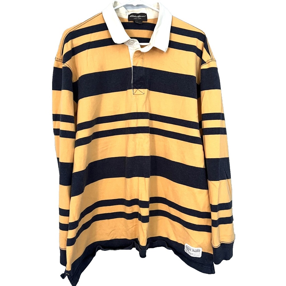 Eddie Bauer Rugby Shirt Mens XLYellow Navy Striped Long Sleeve Cotton